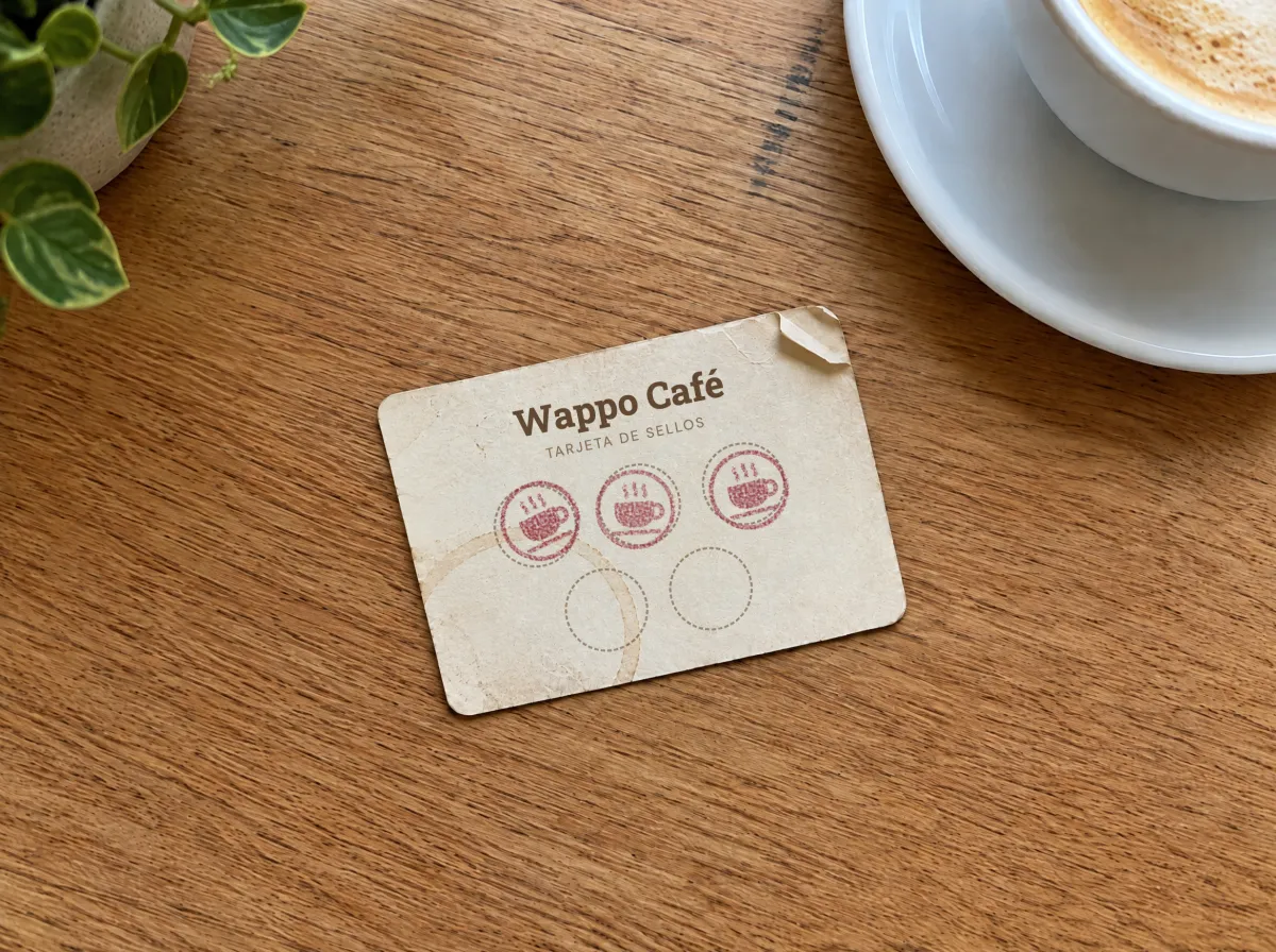 Una tarjetita de cartón de sellos, gastada y con una mancha de café, tirada en el mostrador al lado de un ticket arrugado.