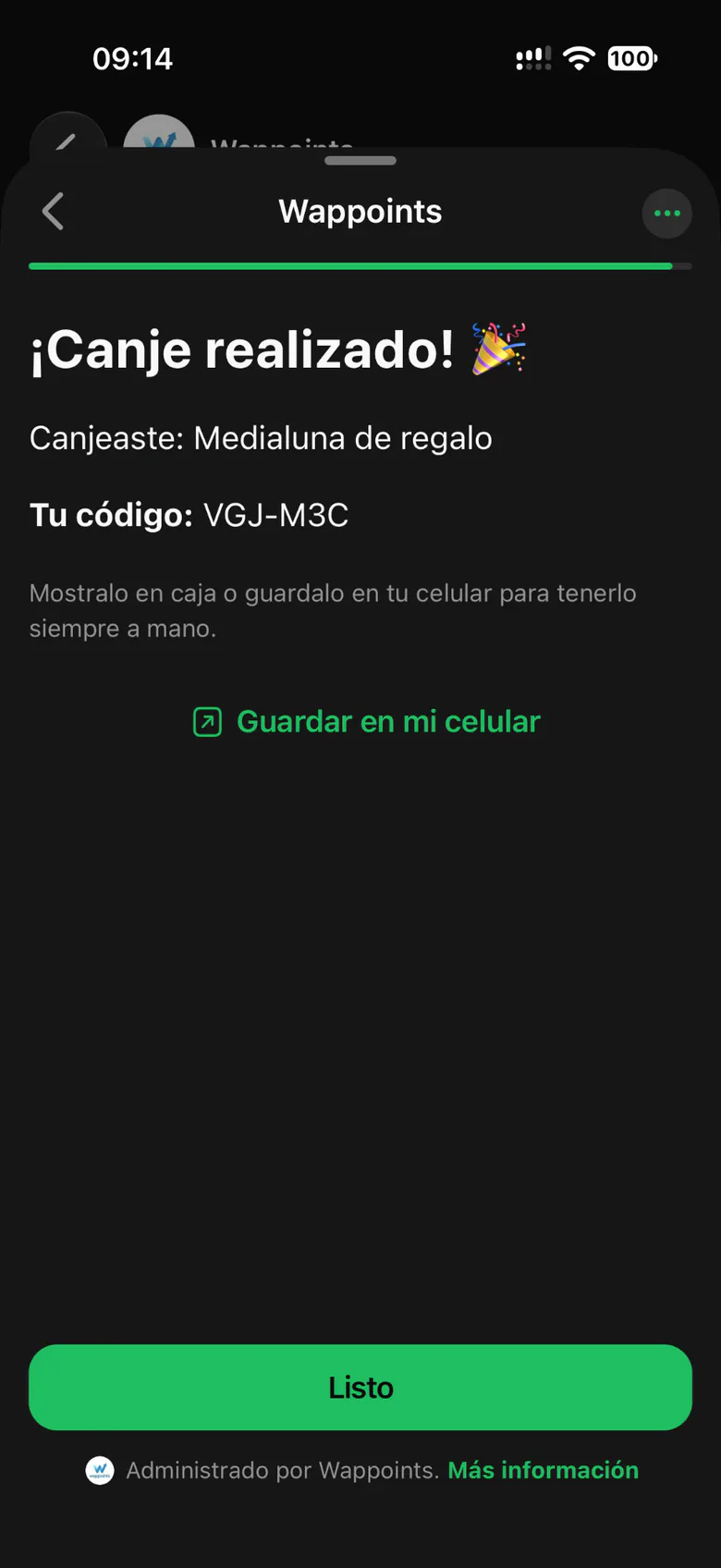 Pantalla del bot en WhatsApp con el canje hecho, el código para mostrar en la caja y los puntos que le quedan.