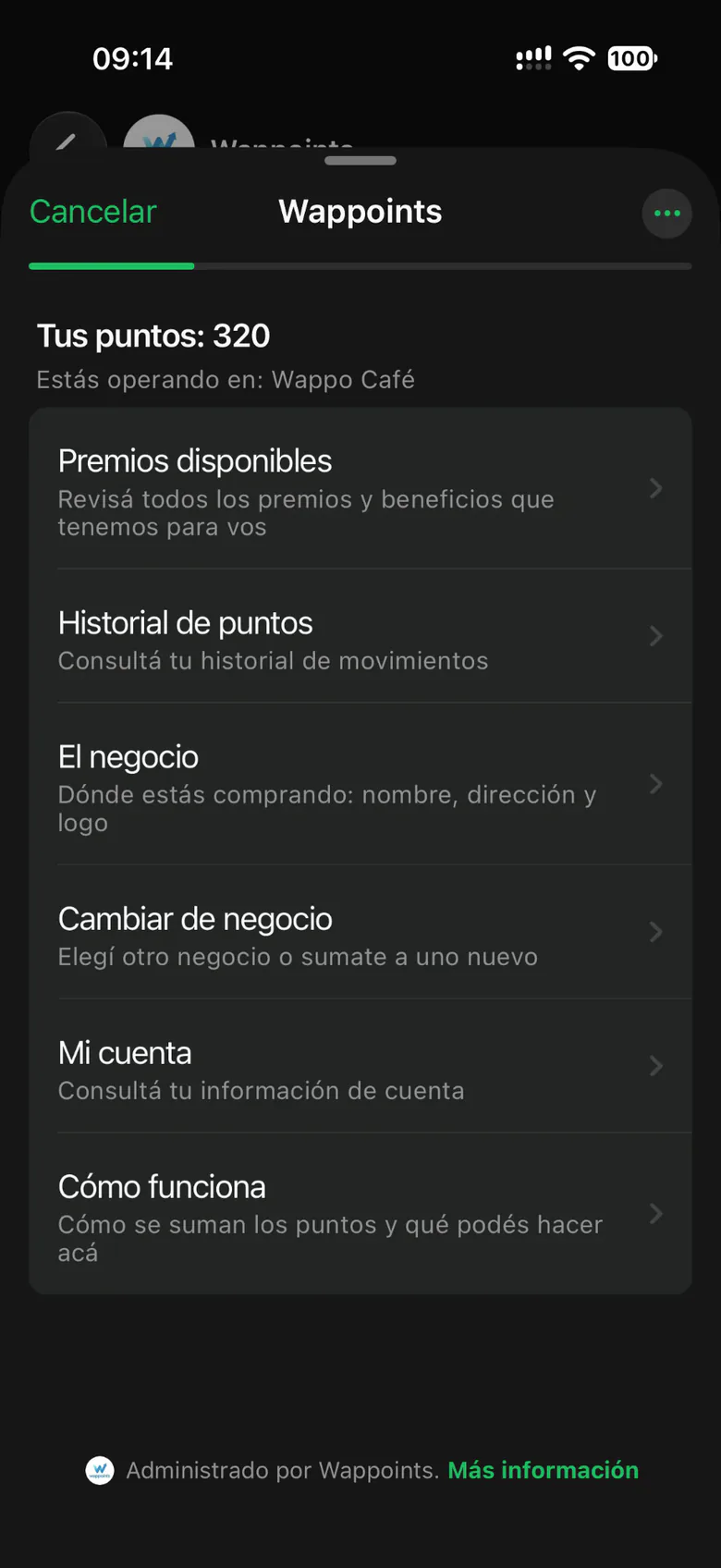 Menú del bot en WhatsApp con el saldo de puntos del cliente y las opciones para ver premios, movimientos y su cuenta.
