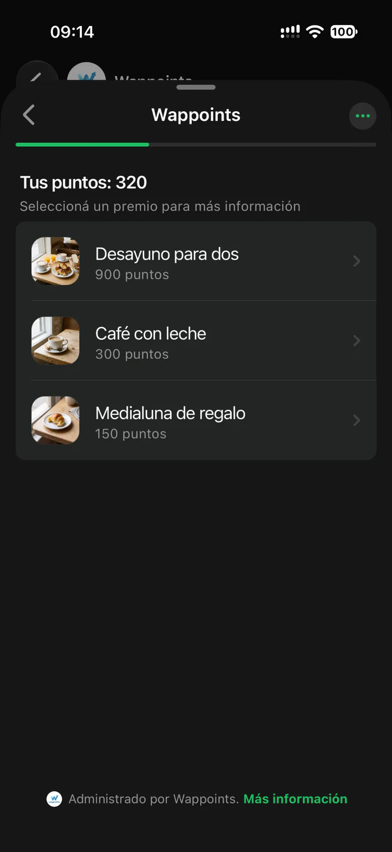 Lista de premios del negocio en WhatsApp, cada uno con los puntos que cuesta.