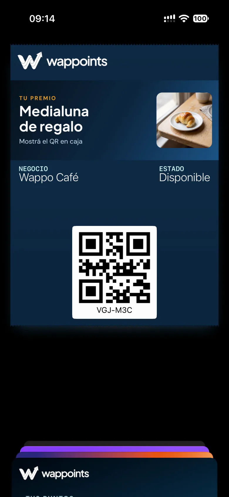 Cupón de canje guardado en la billetera del celular, con el premio, su vencimiento y el QR para la caja.