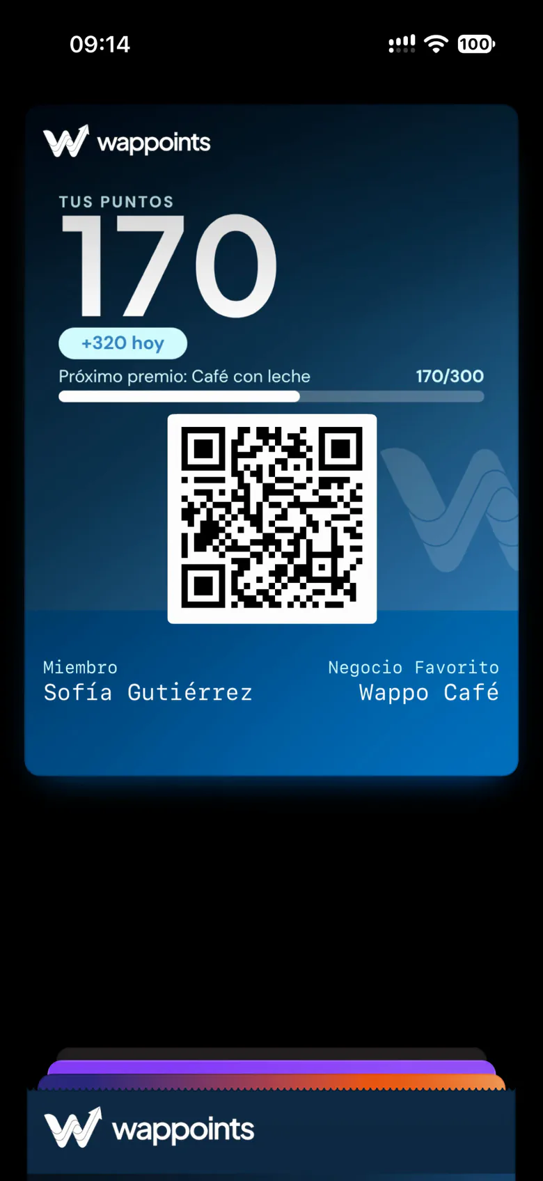 Tarjeta de Wappoints en la billetera del celular, con el saldo de puntos y un QR.